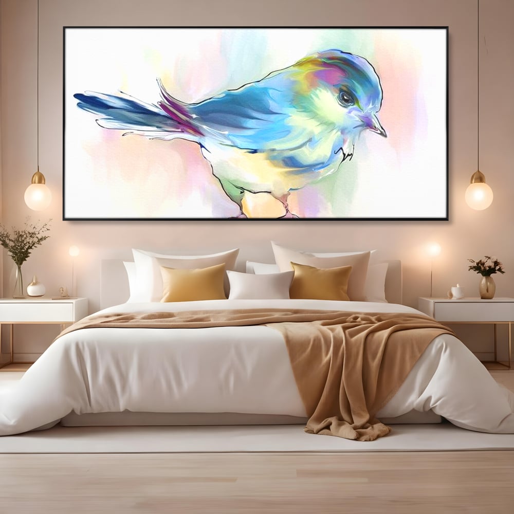 Tablou canvas cu tablou canvas cu pasare colorata in acuarela, in rama de aluminiu negru, pe perete intr-un dormitor